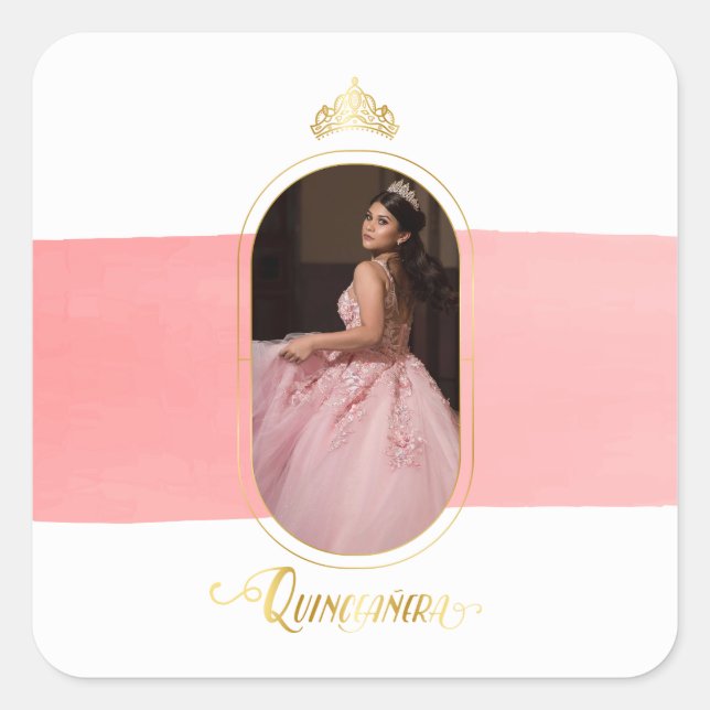 Sticker Carré Gold et Rose rose photo Quinceanera (Devant)