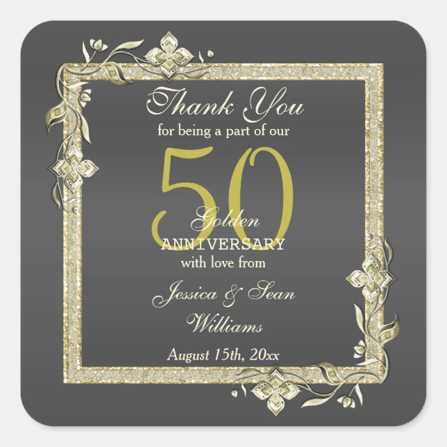 Sticker Carré Gold Gem & Parties scintillant 50e Mariage d'or (Devant)