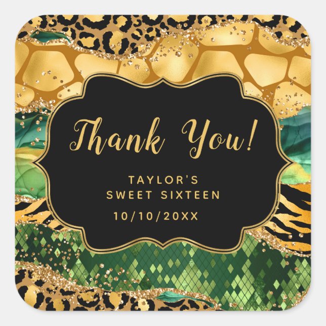 Sticker Carré Gold Green Safari Agate Sweet sixteen Merci (Devant)