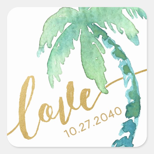 Sticker Carré Gold Love Aquarelle Palm Tree Beach Mariage (Devant)