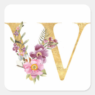 Sticker Carré Gold MONOGRAS lettre W avec fleur