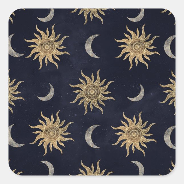 Sticker Carré Gold Moon Sun Mandala Blue Night Sky Motif (Devant)