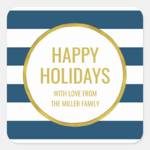 Sticker Carré Gold Navy Blue Stripes Happy Holidays Custom