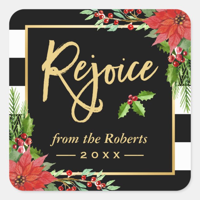 Sticker Carré Gold Rejoice Script de Noël religieux Floral (Devant)