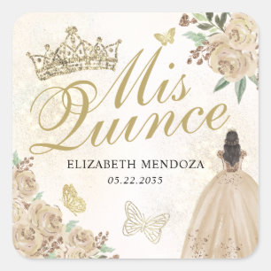 Sticker Carré Gold Sparkel Floral Princess Quinceañera Anniversa