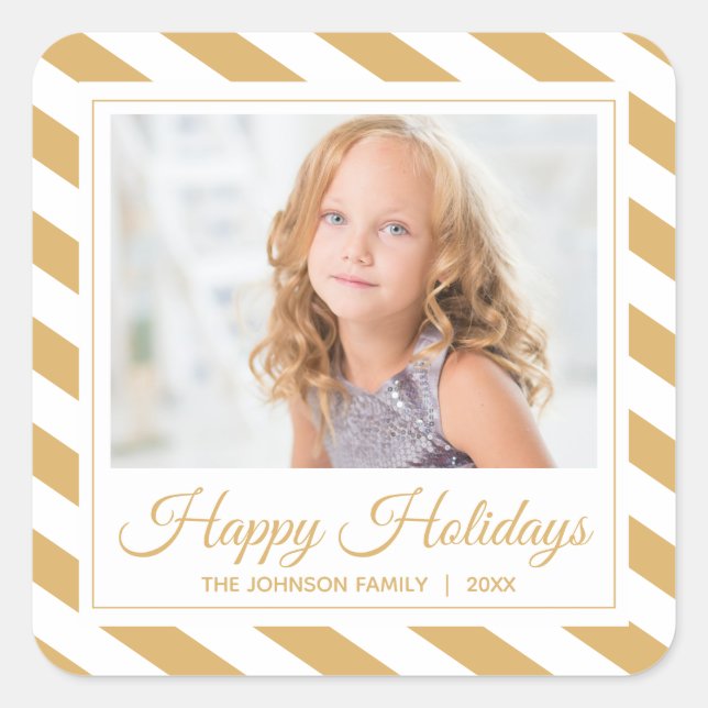 Sticker Carré Gold Stripe Happy Holidays Photo (Devant)