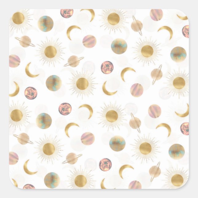 Sticker Carré Gold Sun Moon Planètes Space Illustration blanche (Devant)