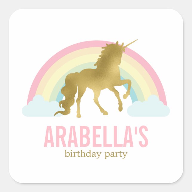 Sticker Carré Gold Unicorn Girls Birthday Party (Devant)