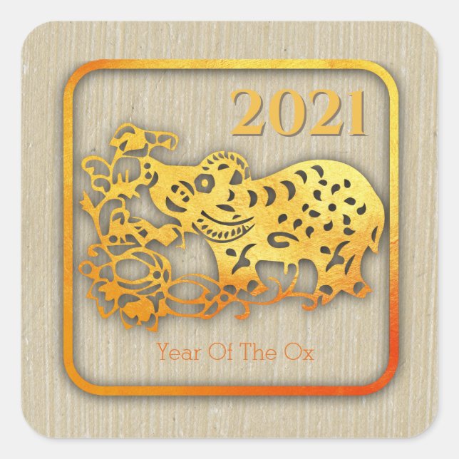 Sticker Carré Golden Chinese Paper-cut Ox Année 2021 SqS (Devant)