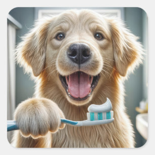 Sticker Carré Golden Retriever avec brosse à dents