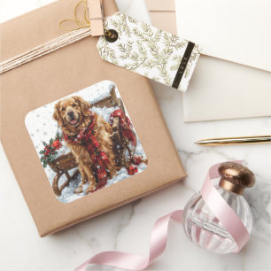 Sticker Carré Golden Retriever avec écharpe festive près d'un tr