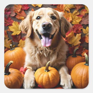 Sticker Carré Golden Retriever Chien avec Citrouilles et feuille