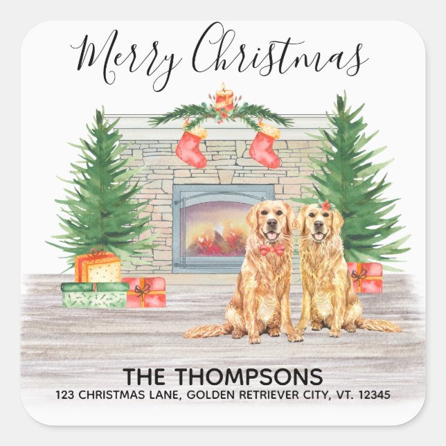 Sticker Carré Golden Retriever Chien Noël Adresse de retour (Devant)