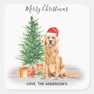 Sticker Carré Golden Retriever Chien Père Noël Tree Joyeux Noël