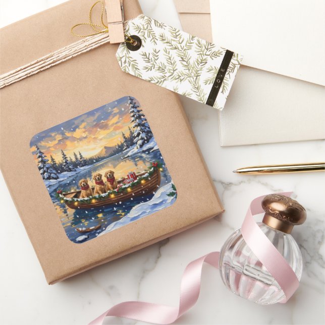 Sticker Carré Golden Retriever Christmas Boat Holiday (Cadeaux)