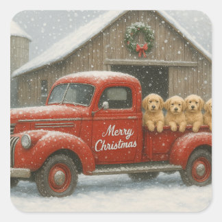 Sticker Carré Golden Retriever Christmas Puppies in Old Truck