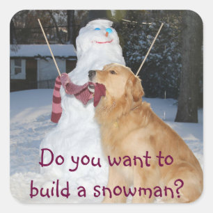 Sticker Carré Golden Retriever Construit Un Snowman