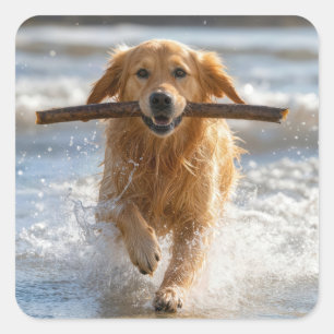 Sticker Carré Golden Retriever courant avec un bâton de plage