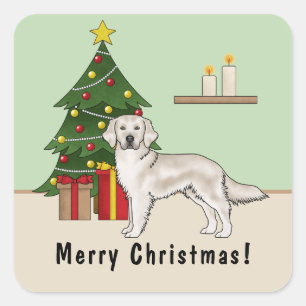 Sticker Carré Golden Retriever Crème Anglaise Avec Sapin de Noël