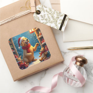 Sticker Carré Golden Retriever dans l'atelier du Père Noël Noël