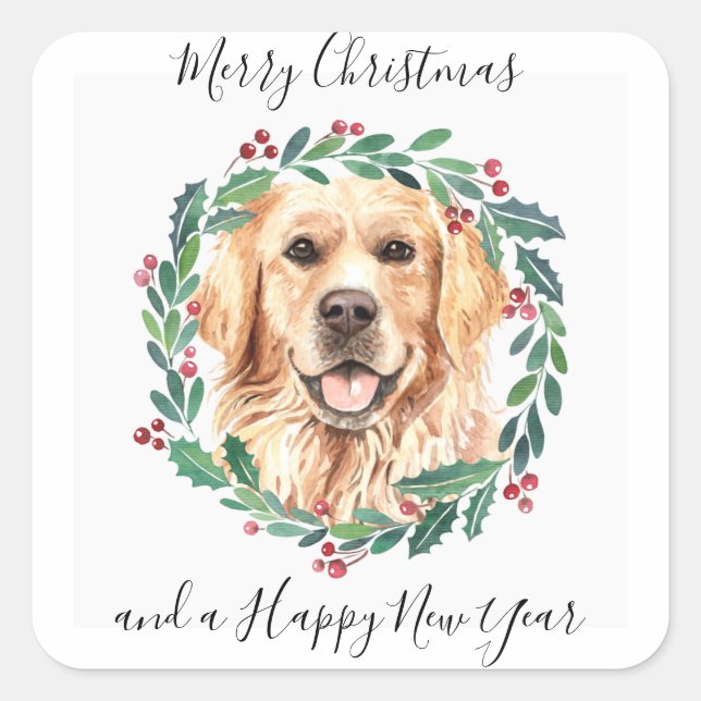Sticker Carré Golden Retriever Elegant Chien Joyeux Noël (Devant)