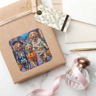 Sticker Carré Golden Retriever faisant Trick-or-Treating Hallowe