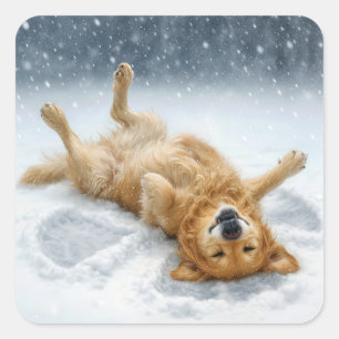 Sticker Carré Golden Retriever faisant un ange de neige