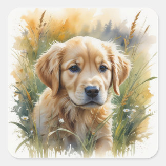 Sticker Carré Golden retriever puppy at sunset