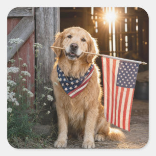 Sticker Carré Golden Retriever tenant un drapeau américain