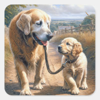 Golden Retrievers Marchant sur une Route Rurale