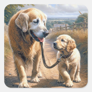 Sticker Carré Golden Retrievers Marchant sur une Route Rurale