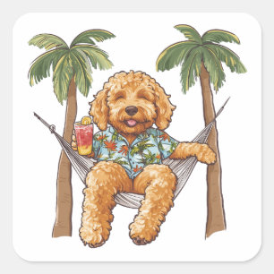 Sticker Carré Goldendoodle en chemise hawaïenne