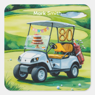 Sticker Carré Golf 80e anniversaire avec voiturette de golf sur