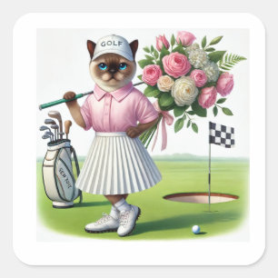 Sticker Carré Golf Anniversaire pour Amoureux des chats Golfer