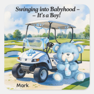 Sticker Carré Golf Baby shower Garçon avec Teddy Bear Golf Panie