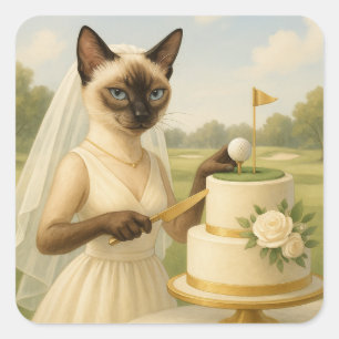 Sticker Carré Golf Cat bride Golfer coupe mariage Cake