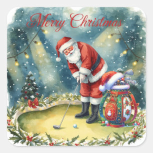 Sticker Carré Golf de Golfer Santa Claus Joyeux Noël