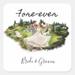 Sticker Carré Golf Fore Ever avec mariée et Mariage de chambre