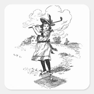 Sticker Carré Golf Girl Golfing Art Vintage