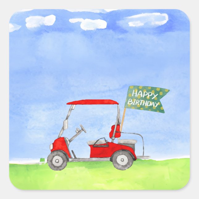 Sticker Carré Golf Joyeux Anniversaire avec voiturette de golf P (Devant)