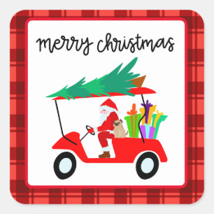 Sticker Carré Golf Joyeux Noël avec Père Noël équitation voiture