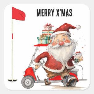 Sticker Carré Golf Joyeux Noël avec Santa Claus Golfer
