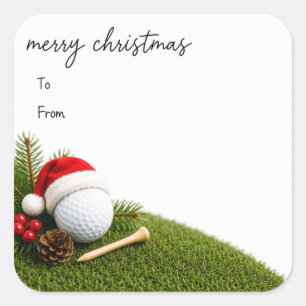 Sticker Carré Golf Noël avec chapeau de Père Noël sur le vert