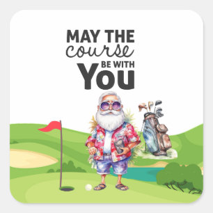 Sticker Carré Golf Noël d'été avec le Père Noël au drapeau