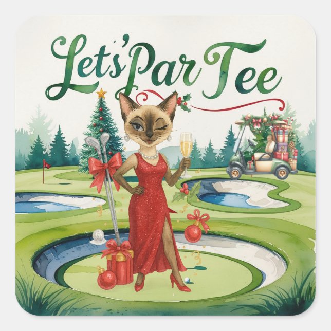 Sticker Carré Golf Noël Let's Par Tee for Golfer party (Devant)
