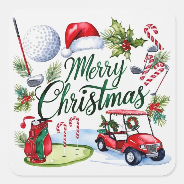 Sticker Carré Golf Noël thème Golfer aquarelle vacances (Devant)
