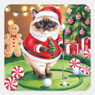 Sticker Carré Golf Noël thème pour Amoureux des chats Golfer