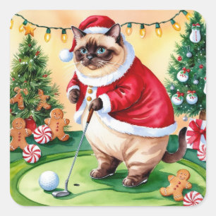 Sticker Carré Golf Noël thème pour Amoureux des chats Golfer