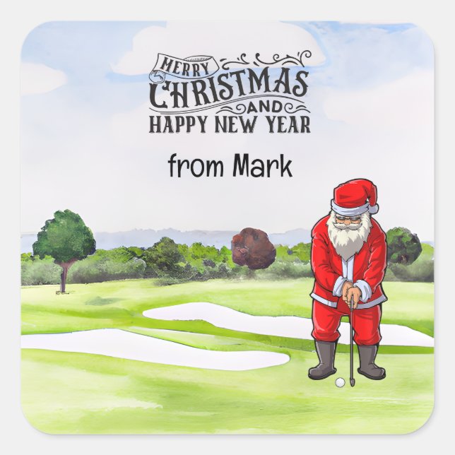 Sticker Carré Golf Santa Claus est golfeur à Noël (Devant)