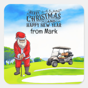 Sticker Carré Golf Santa Claus est golfeur à Noël